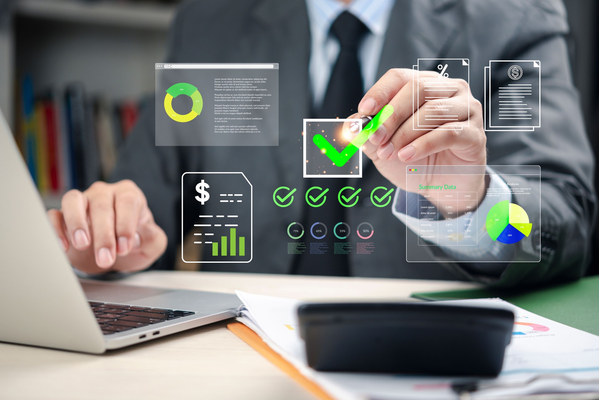 Hombre de negocios que analiza datos financieros con listas de verificación y gráficos digitales, que representan la gestión financiera, la estrategia comercial, la planificación de inversiones, la contabilidad y el éxito corporativo.