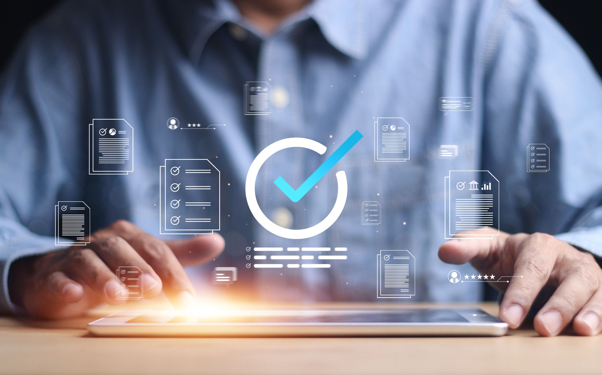 Businessman Take an assessment, Check list, questionnaire, evaluation, filling out an online survey form. Answer the test questions. online survey exam Choosing the right answer in the exam,